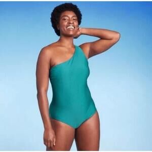 Kona Sol Green Medium Coverage One Shoulder One Piece Swimsuit with Tummy Contro
